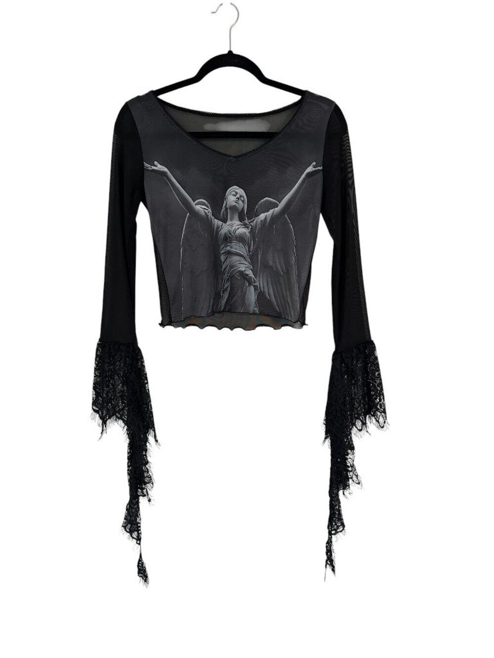 Dolls Kill Widow Eternal Torment Angel Mesh Lace Sleeve Crop Top